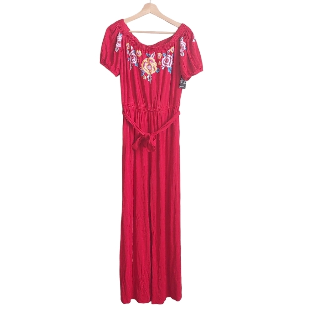 Boston Proper Red Embroidered Jumpsuit